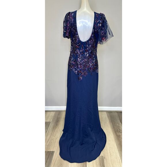 NWT Badgley Mischka Sweetheart Neck Beaded Lace Flutter-Sleeve Gown Navy Size 12 - Picture 7 of 9